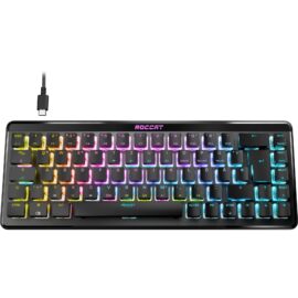 Das Bild zeigt die Roccat Vulcan II Mini Air Gaming-Tastatur von oben. Zu sehen sind die einzelnen Tasten mit RGB-Beleuchtung, die in verschiedenen Farben leuchtet, und das Roccat-Logo in der unteren rechten Ecke. Die Tastatur ist kompakt und hat ein angeschlossenes USB-Kabel auf der linken Seite, was auf eine sofortige Einsatzbereitschaft hindeutet. Das Bild soll die Ästhetik und das Design der Tastatur hervorheben und potenziellen Käufern einen Eindruck vom Aussehen der Beleuchtung und des Layouts geben.