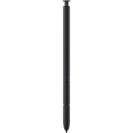 Das Bild zeigt einen schwarzen Galaxy S22 Ultra S Pen von Samsung. Dieser Stylus ist zum Schreiben, Zeichnen und zur Navigation auf entsprechenden Samsung-Touchscreen-Geräten konzipiert. Der S Pen ist schlank und länglich mit einer Spitze an einem Ende und einem Klickbutton auf der Seite des Schafts.