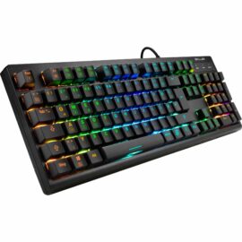 Das Bild zeigt die SKILLER SGK30 Gaming-Tastatur in schräger Draufsicht, beleuchtet mit mehrfarbiger RGB-Beleuchtung auf den Tasten. Die Tastatur ist vollständig sichtbar und dient der Präsentation des Designs und der Beleuchtungsfunktionen des Produkts.