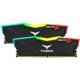 Das Bild zeigt zwei Module des 'DIMM 16 GB DDR4-3200 (2x 8 GB) Dual-Kit | Arbeitsspeicher'. Es handelt sich dabei um PC-Arbeitsspeicher (RAM) des Herstellers T-FORCE, speziell aus der Serie DELTA R, welche mit RGB-LED-Beleuchtung an der Oberkante ausgestattet sind, die in den Farben Rot, Grün und Gelb leuchten. Zu sehen sind die beiden RAM-Module von der Seite, wobei die auffällige Beleuchtung und das aggressive Design hervorgehoben werden. Das Bild dient dazu, das Design und die Beleuchtungsfunktion des Produkts zu präsentieren sowie die Marke und das spezifische Modell hervorzuheben.