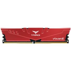 Das Bild zeigt einen rotfarbenen Team Group Vulcan Z-Series 8 GB DDR4-3600 Arbeitsspeicher-Riegel. Er ist mit dem T-Force-Logo und der Aufschrift "VULCAN Z" gekennzeichnet, was auf seine Zugehörigkeit zur entsprechenden Marke und Produktreihe hinweist. Der Arbeitsspeicher wird für den Einsatz in Computern verwendet, um temporäre Daten schnell verfügbar zu halten und die allgemeine Systemleistung zu verbessern.